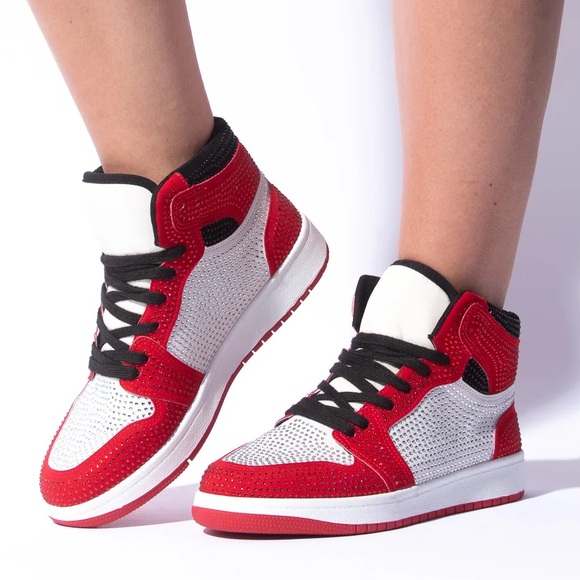 Red & White Rhinestone High Top Sneaker - Picture 1 of 4